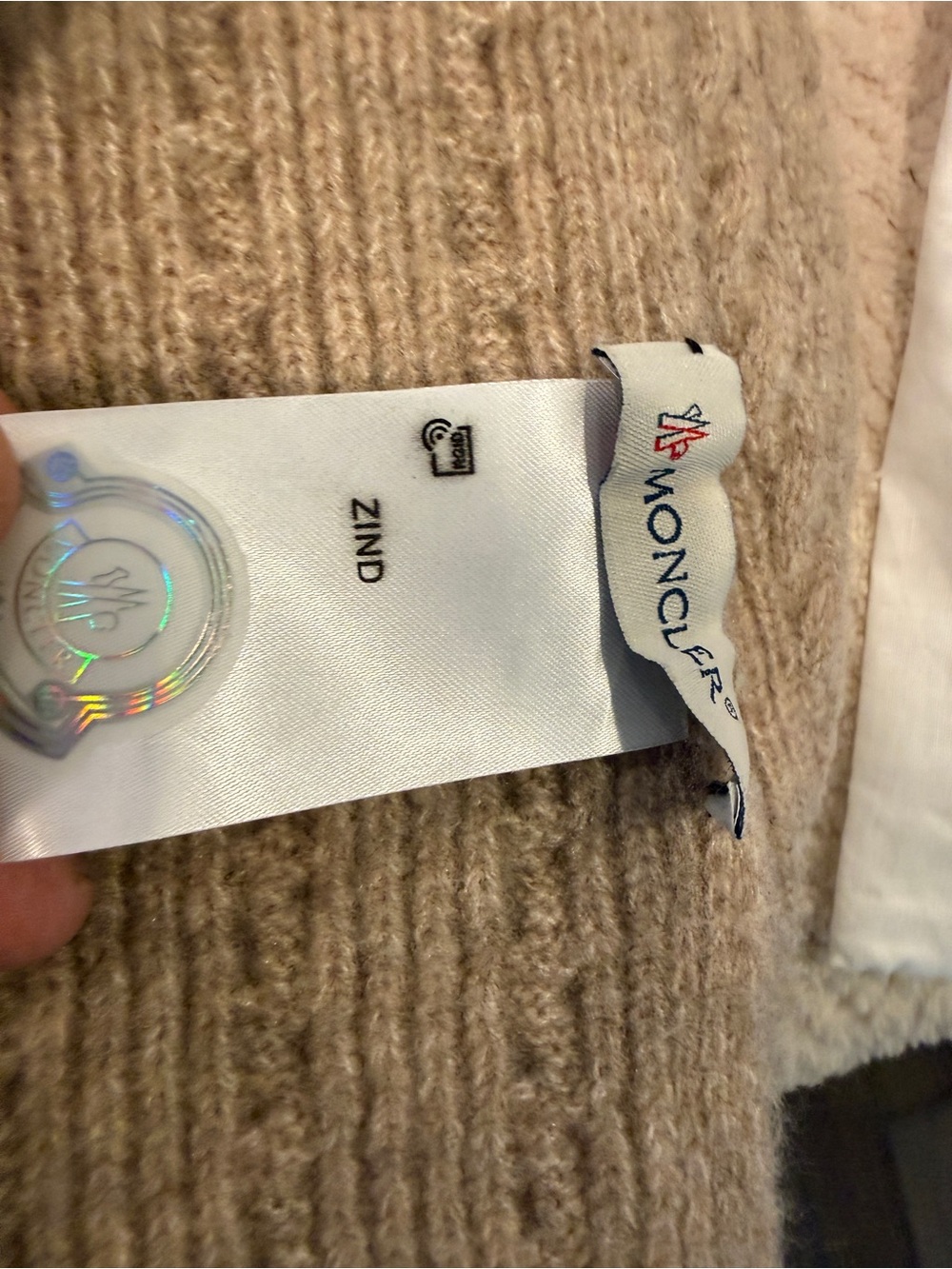 Moncler Tan Ribbed Knit Scarf with Logo Tag - Picture 2 of 5